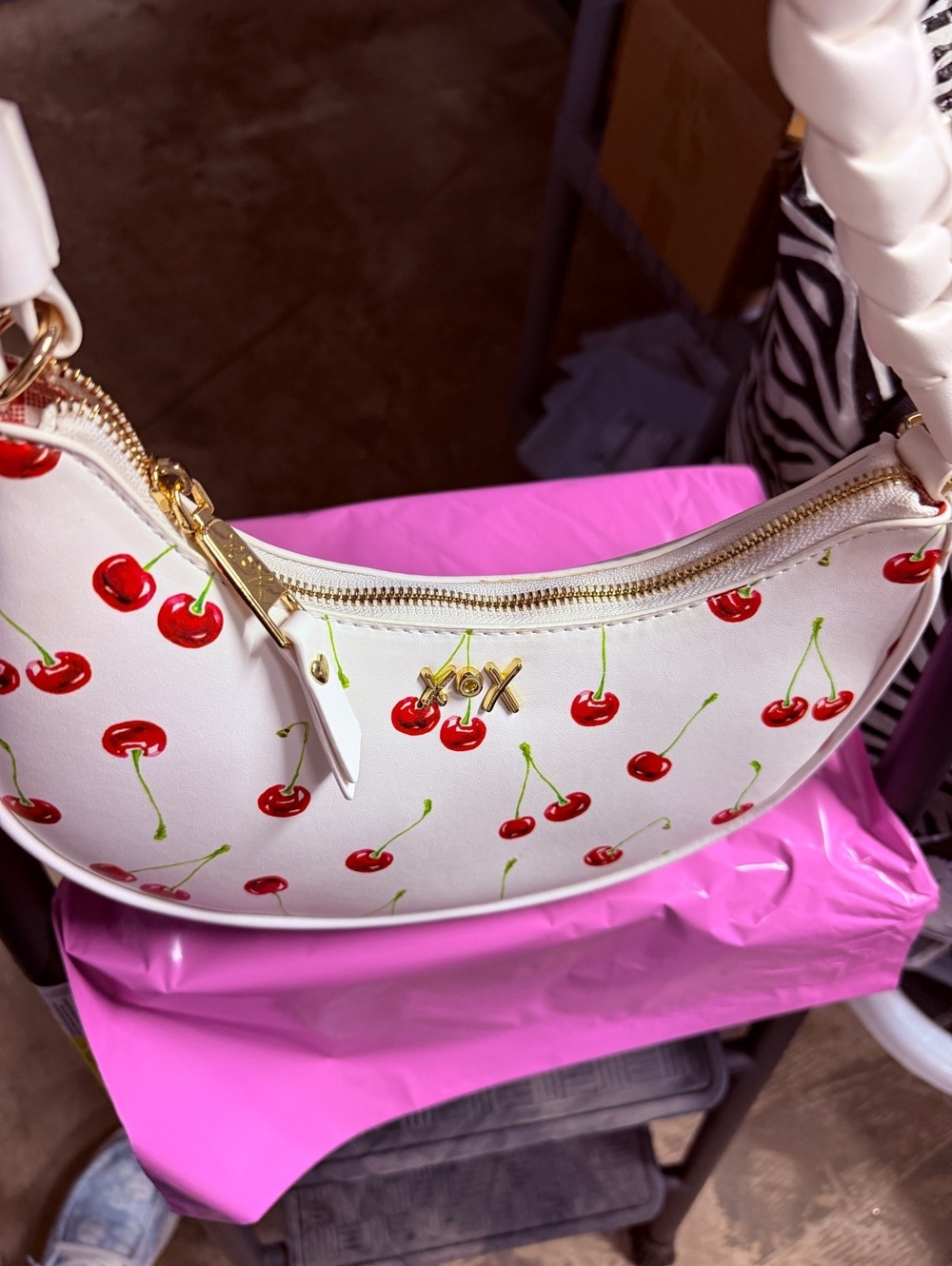 XOXO Women's White Cherry Print Shoulder Bag with Braided Handle